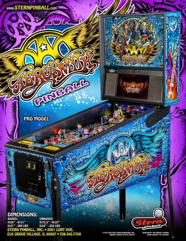 Aerosmith Pro Pinball Aerosmith pinball machine reflects the high-energy and excitement that accompanies the experience of a live Aerosmith concert. Players will rock to nine famous Aerosmith hits in the concert arena playfield and embark on an exhilarating pinball experience. Players score points and finish game objectives to raise the audience’s levels of energy, thrill and enjoyment. Higher scores amplify the experience–the higher the energy level, the bigger and louder the show–resulting in an Aerosmith pinball experience that cannot be matched. The hard-hitting feisty American rock group best known for their powerful fusion of rock and blues has reached fans for more than four decades. This colorful band includes the much loved pop culture personalities of Steven Tyler and Joe Perry. With sales of more than 70 million albums in the United States and more than 150 million albums worldwide, Aerosmith is one of the world’s all time best-selling American rock bands. To date, they have been awarded 25 gold albums, 18 platinum albums and 12 multi-platinum albums. “We’re thrilled to have Aerosmith join the ranks of Stern Pinball’s rock and roll line-up,” said Gary Stern, Chairman and CEO of Stern Pinball. “Aerosmith is an iconic band with a devoted fan base. Fans of both the band and pinball will be able to appreciate the extraordinary experience that the Aerosmith pinball machines provide.” The Aerosmith machines all feature original hand-drawn art provided by “Dirty” Donny Gillies, who has produced work for bands including The Hellacopters, The Melvins, Queens of the Stone Age, The Wildhearts, Electric Frankenstein and the 5.6.7.8’s, but is most noted for his work with metal band Metallica. In addition, the machines feature custom speech from Brendon Small, creator of Metalocalypse, the American animated television series centering around a death metal band. Players will be mesmerized by the interactive “Jacky on the Box” mechanical feature on the playfield. Jacky sits on a toy box allowing players to launch pinballs through the air and slam dunk the steel ball into the box. The more balls launched into the box, the higher the opportunity for a player to earn multiballs. “The Aerosmith pinball machines are an ideal way to expand the band’s global brand because they provide a unique and fun experience for fans and consumers of all ages,” said Lisa Streff, Executive Vice President, Global Licensing, of Epic Rights. In addition to the heart pounding music and game experience, the machine features a full-color high-definition display. In conjunction with Stern Pinball’s new SPIKE-2 electronic platform, the display enables high-definition graphics and innovative animations. The game includes a high-fidelity 3-channel audio system that is three times more powerful than audio systems of previous generations. Aerosmith Pinball entertains with an amazing array of modern and classic features, making it suitable for all skill levels.